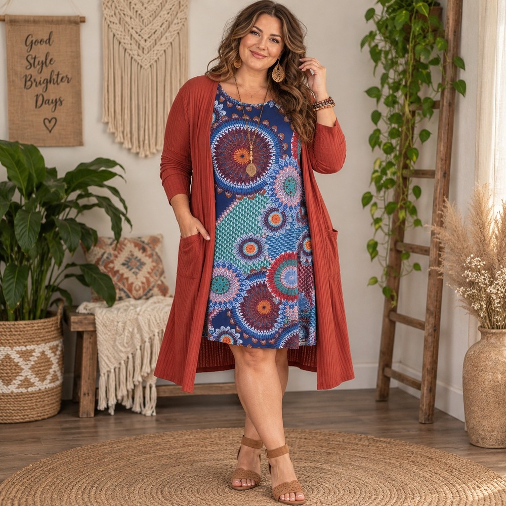 34 2X SET R&K Boho Dress Size 18 & Impulsive Rust Cardigan Mandala Print